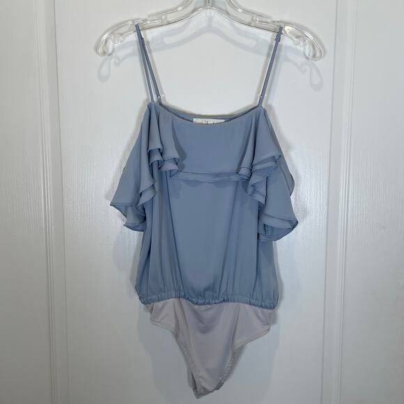 Revolve L'Academie Off the Shoulder Bodysuit Blue Ruffle Monaco S - Picture 4 of 9